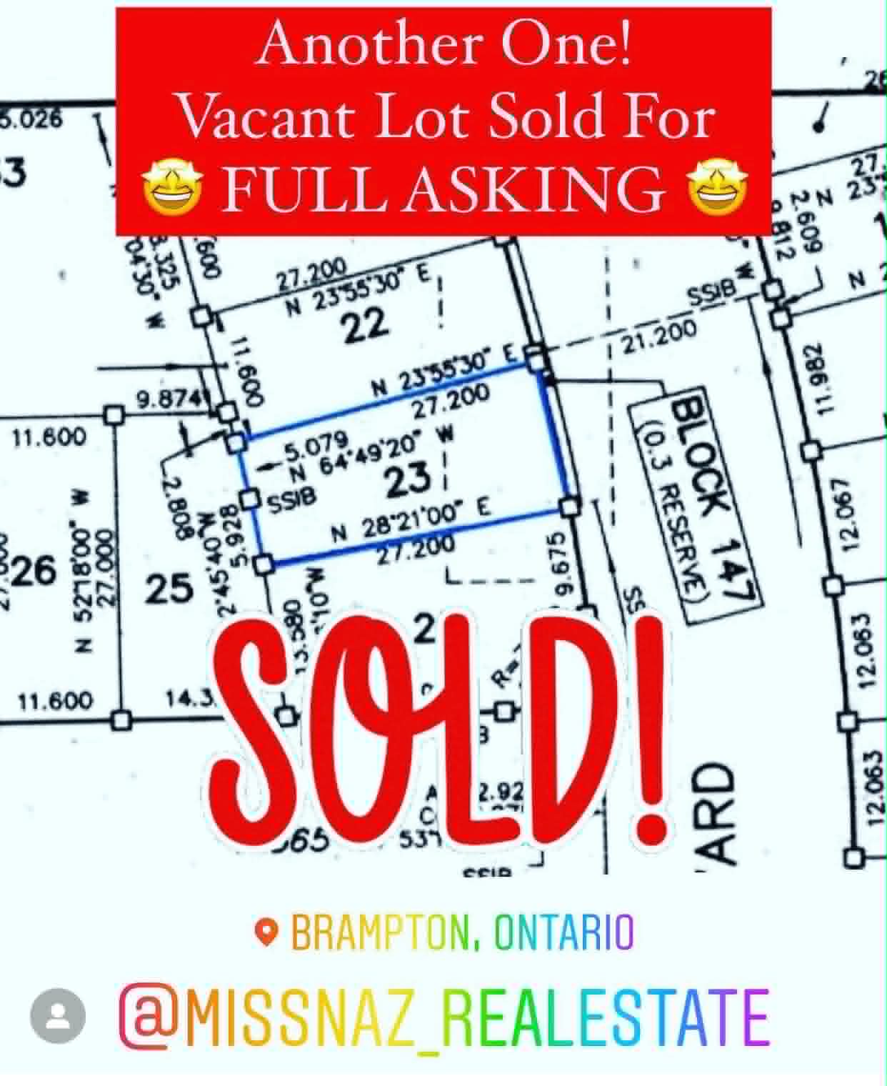 Survey plan of a Brampton vacant lot marked sold for full asking